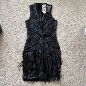 New Haute hippie leather dress mini sheer fitted bead tassel sequin black XS 0 2